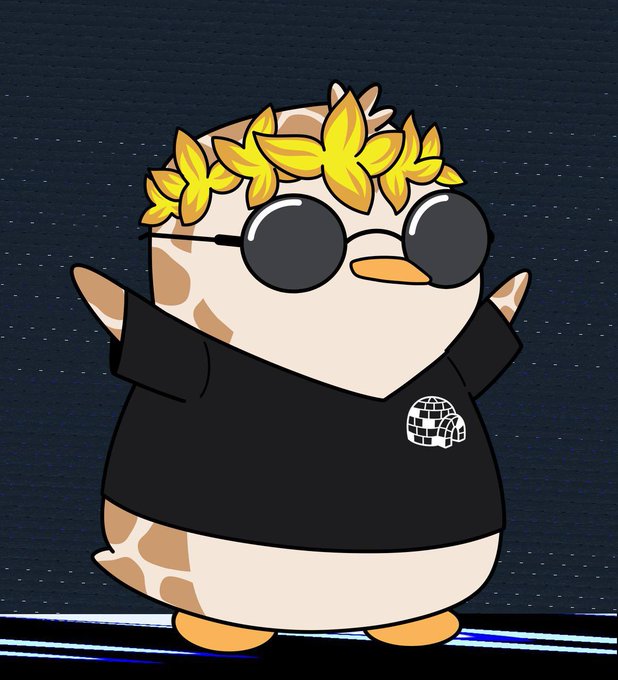 A cartoon penguin-like character wears a golden laurel wreath, dark sunglasses, and a black hoodie with a globe logo, set against a dark blue background.