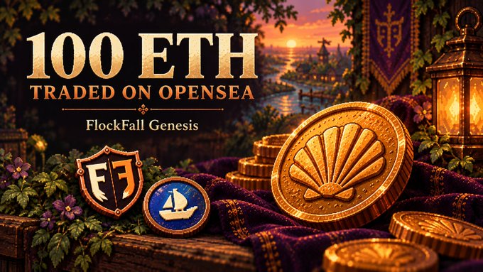 A promotional graphic for 'FlockFall Genesis' reads '100 ETH TRADED ON OPENSEA' and displays gold coins with shell emblems, a blue coin with a sailboat, and a shield logo.