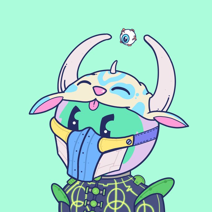 A cartoon illustration of a cute creature wearing a horned hat with an eyeball hovering above it on a mint green background.