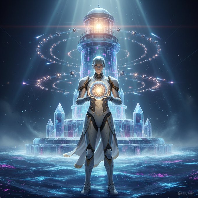 A sci-fi/fantasy digital artwork showing a futuristic figure in white armor holding a glowing orb, standing in front of an illuminated lighthouse structure surrounded by orbiting lights and crystalline formations over water (watermarked "Uisebi").