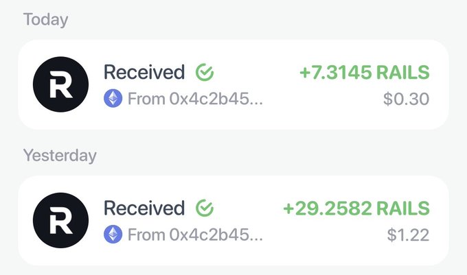 A mobile wallet screen shows two cryptocurrency (RAILS) transactions received from address 0x4c2b45... worth $0.30 today and $1.22 yesterday.