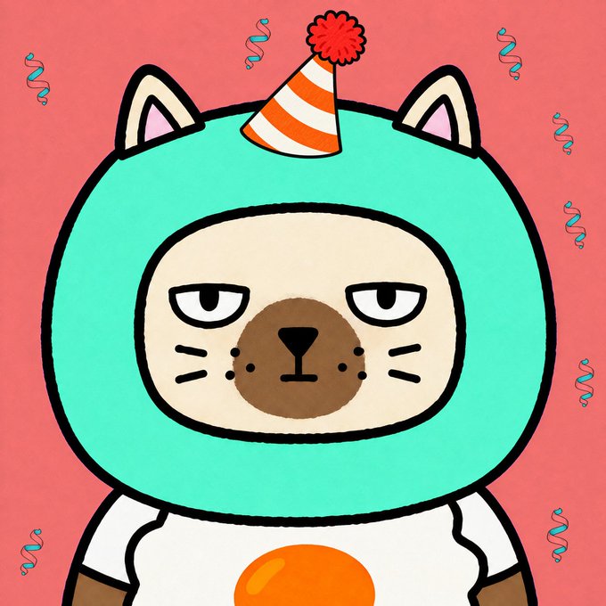 A cartoon illustration depicts a grumpy-looking cat wearing a teal hooded costume with cat ears and a striped party hat, with confetti scattered around on a pink background.