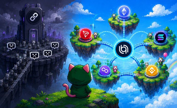 A digital artwork depicting a green cat character looking out over floating islands connected by bridges in a fantasy sky setting, with various cryptocurrency logos including Ethereum, Tron, Solana, BNB, and others on pedestals.