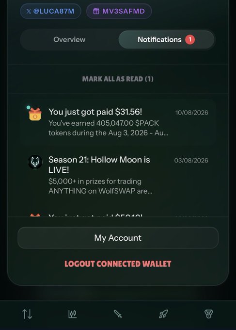 A mobile app screenshot shows a notifications panel for user @LUCA87M displaying a $31.56 payment of 405,047.00 $PACK tokens and a Season 21: Hollow Moon trading announcement.
