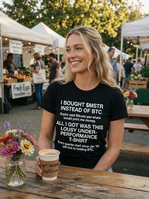 A smiling blonde woman at an outdoor market wears a black t-shirt with humorous text about buying $MSTR instead of $BTC, stating 'I BOUGHT $MSTR INSTEAD OF $BTC... ALL I GOT WAS THIS LOUSY UNDERPERFORMANCE T-SHIRT,' while holding a coffee cup labeled 'get based bipillOrum.'