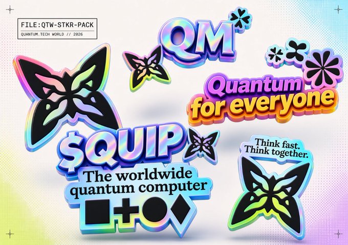 A collection of holographic, iridescent stickers with a retro-futuristic aesthetic featuring butterflies, flowers, and text including 'QM', 'Quantum for everyone', 'SQUIP', 'The worldwide quantum computer', and 'Think fast. Think together.'