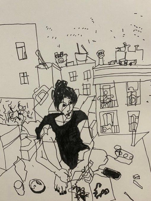 A black and white ink sketch depicting a woman with a messy head sitting and surrounded by various objects and doodles.