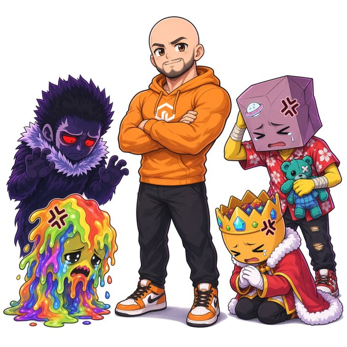 An illustration depicts a group of NFT-style characters, including a central figure in an orange hoodie, a dark purple furry creature, a box-headed character in a floral shirt, a crying colorful slime monster, and a small king holding a teddy bear.