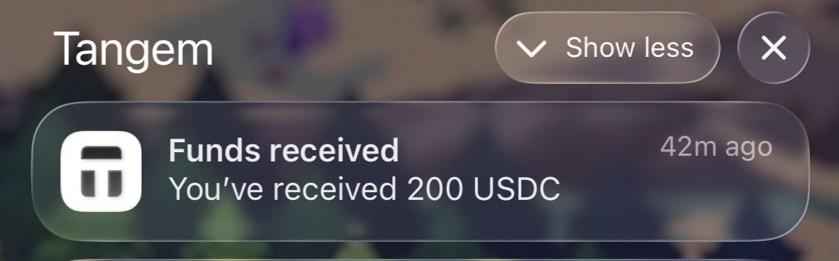 A notification from Tangem shows "Funds received - You've received 200 USDC" from 42 minutes ago.