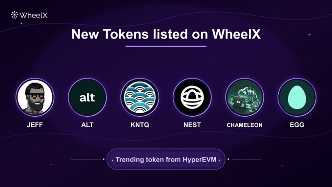 A purple-themed announcement for WheelX listing new tokens: JEFF, ALT, KNTQ, NEST, CHAMELEON, and EGG, with a banner reading 'Trending token from HyperEVM'.