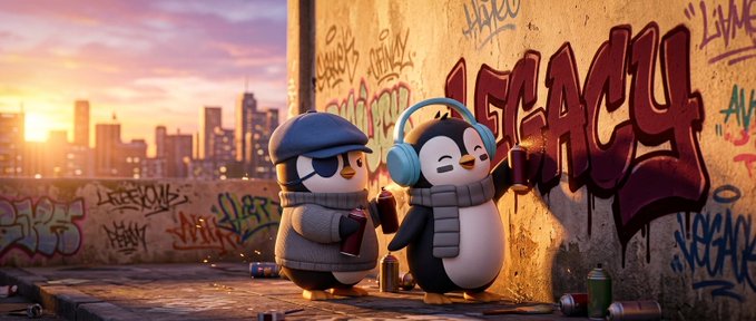 Two cartoon penguins dressed as graffiti artists—complete with a beanie, eye patch, scarf, and headphones—are tagging a concrete wall with spray paint cans in an urban rooftop setting at sunset, with the word "LEGACY" boldly spray-painted in red bubble letters as their main work of street art.