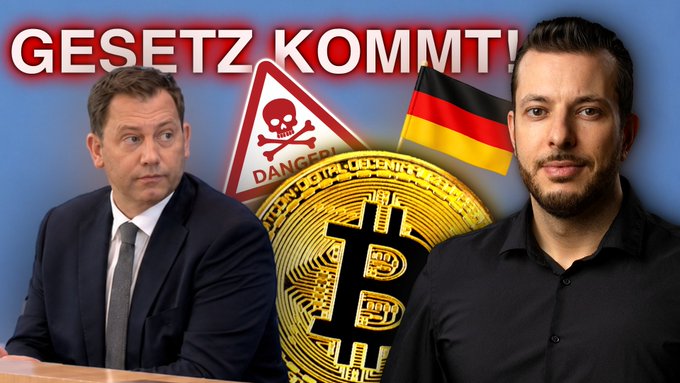 A thumbnail-style image shows two men in suits positioned on either side of a large gold Bitcoin, with a German flag and a skull-and-crossbones "DANGER" warning sign in the background, and the bold red text "GESETZ KOMMT!" (Law is coming!) at the top. The image visually ties to the post's discussion of Germany's Federal Ministry of Finance (BMF) potentially abolishing the crypto holding period tax exemption.

Lars Klingbeil appears on the left and Roman Reher on the right, framing the Bitcoin to emphasize the urgency of the upcoming crypto tax legislation in Germany.