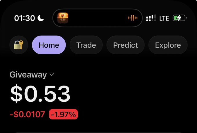 A mobile app interface at 01:30 showing navigation tabs 'Home' (selected), 'Trade', 'Predict', 'Explore', and a 'Giveaway' section displaying '$0.53' with a change of '-$0.0107 (-1.97%)' in red.