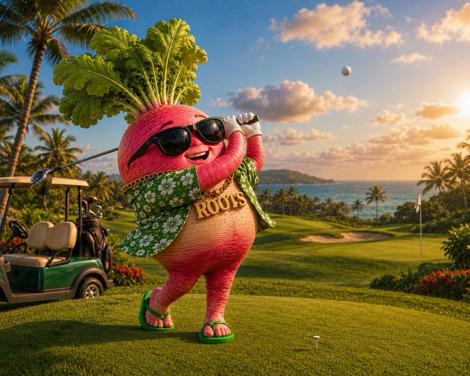 A 3D-rendered anthropomorphic pink radish character wearing sunglasses and a floral 'ROOTS' shirt, swinging a golf club on a tropical golf course.