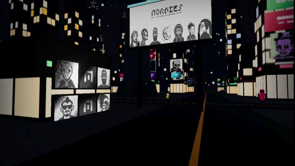 The image features a city street at night with a billboard advertising NORM'N Normies, which is a cartoon character group. The billboard has six people depicted on it, each wearing sunglasses and standing next to each other. The street itself appears to be empty, adding to the overall atmosphere of the scene. The post about NORM'N Normies includes a link to their website, suggesting that they are an online community or fan club for this character group.