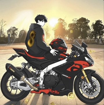 The image features a man sitting on top of a motorcycle, wearing a black jacket with the number 8 on it. The background shows trees and a sunset, creating an outdoor setting for this scene. The accompanying text in the image reads "我在大佬手下的离奇经历！我的真实故事（全） 本文由 @SafePal 赞助 @welinkBNB 创作".
