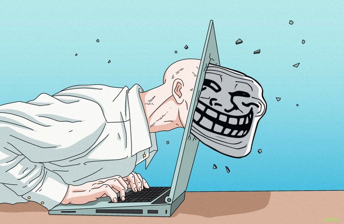 A digital illustration of a bald person in a white shirt typing on a laptop, with the screen separating and revealing a grinning 'Trollface' meme face emerging from the other side, with debris flying around.