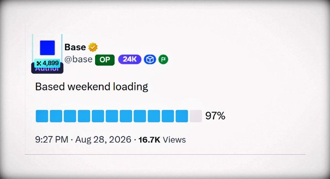 A screenshot of a tweet from Base (@base) dated August 28, 2026, showing "Based weekend loading" at 97% completion, with 16.7K views, aligning with the post's teaser for the upcoming $BASE TGE and Airdrop Checker.