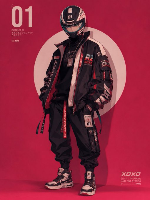 A figure stands in a black and red racing-inspired techwear outfit and helmet marked "01" against a bold red backdrop with "XOXO THE GAME HATE THE SYSTEM" branding, evoking a futuristic racer aesthetic that complements the post's message of hitting "new highs" and showcasing speed-themed conviction in crypto projects.
