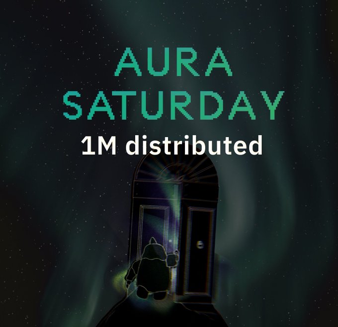 A dark, starry poster with teal and white text reading 'AURA SATURDAY 1M distributed', showing a silhouetted character opening a glowing door.