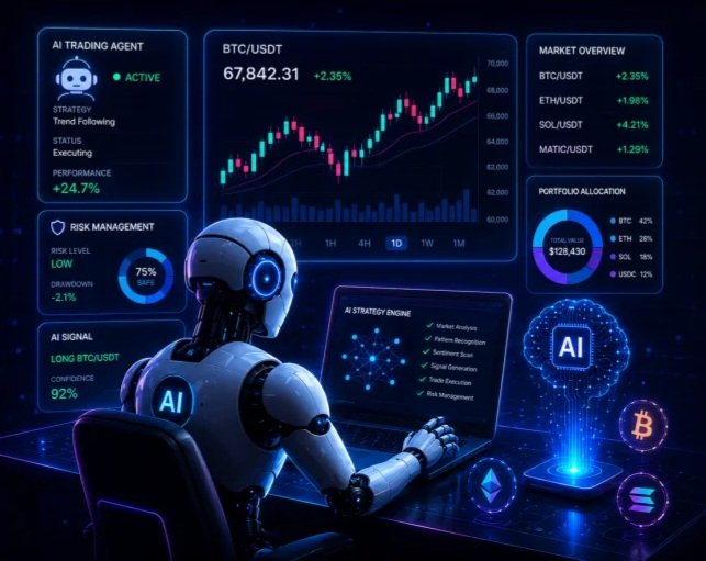 A futuristic AI trading dashboard shows an 'AI TRADING AGENT' with 'Trend Following' strategy executing at +24.7% performance, displaying BTC/USDT at 67,842.31 (+2.35%) with market overview and portfolio allocation metrics.