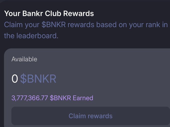 A user interface displaying "Your Bankr Club Rewards" shows 3,777,366.77 $BNKR Earned with 0 $BNKR available to claim, prompting a question about the current value of their 3.777 million $BNKR earnings.