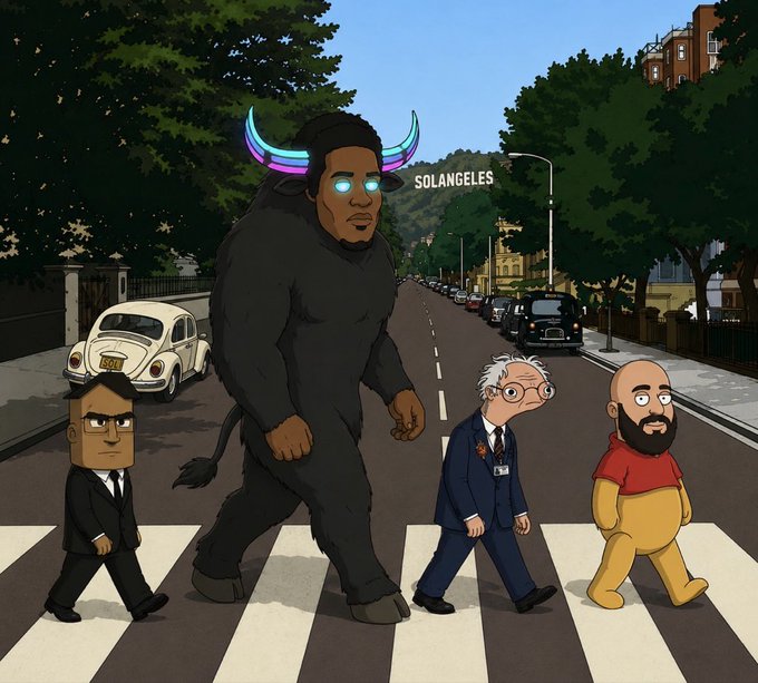 A parody of the Beatles' "Abbey Road" album cover shows four cartoon figures—including a large minotaur with glowing neon horns and eyes—crossing a zebra crossing with a "SOLANGELES" street sign in the background, riffing on the "good morning solaaaangelees" greeting.