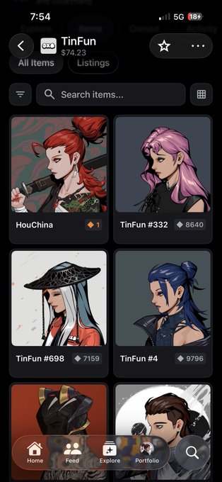 A mobile app screenshot of a marketplace called 'TinFun' ($74.23) showing NFT listings of anime-style character illustrations including HouChina, TinFun #332, #698, and #4.