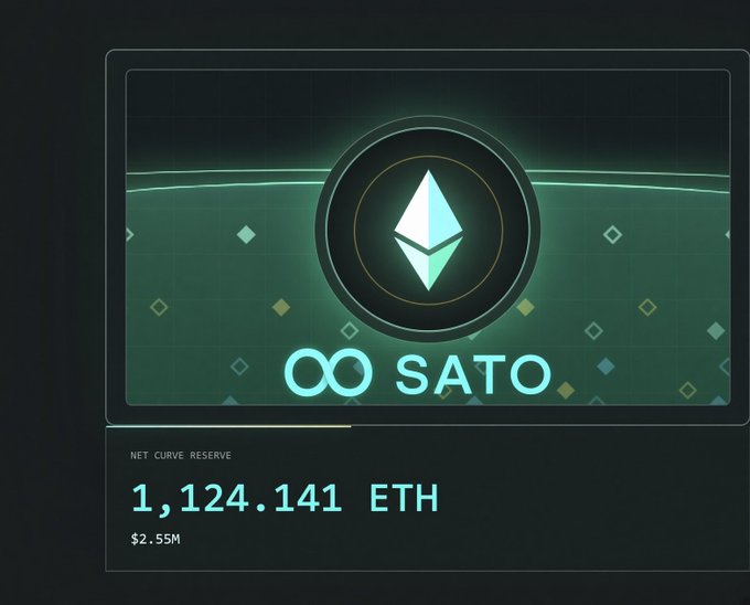 A dark dashboard showing the SATO (∞) logo with 'NET CURVE RESERVE 1,124.141 ETH' valued at $2.55M.