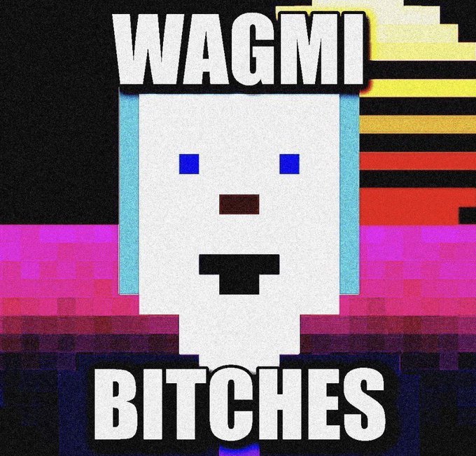 A pixelated, meme-style ghost character (reminiscent of an Undertale or retro video game sprite) with blue eyes and an open mouth is shown against a glitchy, colorful background, with the text "WAGMI" at the top and "BITCHES" at the bottom. The image captures the optimistic, irreverent crypto/stock market culture referenced in the post, celebrating the new stock token distributions (MSFT, COST, RDDT, META) being offered to "StonkBrokers" holders.