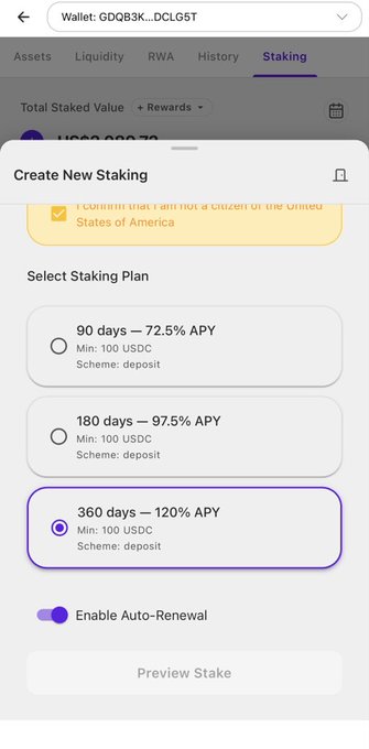 The image shows a "Create New Staking" interface on a crypto platform with a wallet address "GDQB3K...DCLG5T," displaying three staking plans (90 days at 72.5% APY, 180 days at 97.5% APY, and 360 days at 120% APY, all with a 100 USDC minimum) with the 360-day plan selected and an Auto-Renewal toggle enabled. It relates to the post by illustrating the staking feature within the Sl8/Cassator ecosystem, showing how users can put their USDC to work through the platform's financial layer integrated with their social identity.