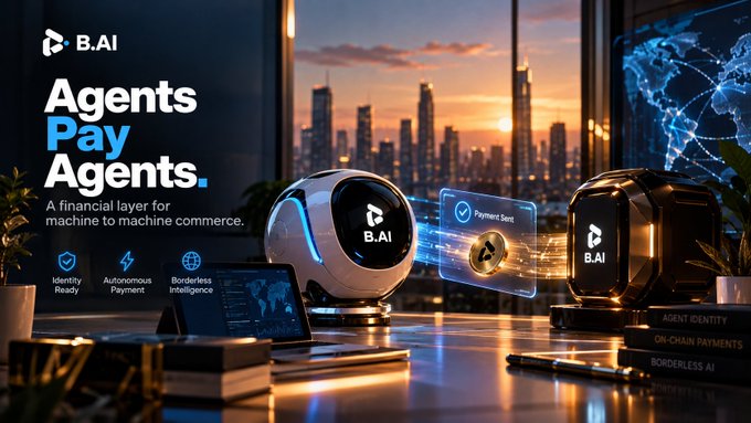 A promotional banner for B.AI with the tagline 'Agents Pay Agents,' describing a financial layer for machine to machine commerce, featuring futuristic robots and a cityscape at sunset.