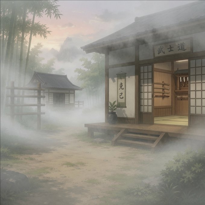 A serene, misty Japanese-style landscape depicts a traditional wooden building with sliding doors and a sign reading '武士道' (Bushido), alongside a scroll displaying '克己' (self-discipline), with bamboo, mountains, and a small structure visible in the foggy background.