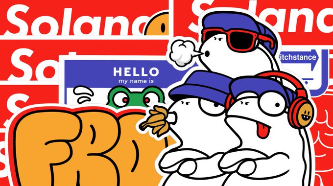 A Solana-themed illustration featuring cartoon characters with sunglasses, a 'HELLO my name is' sticker, a hand gesture, and a muscular flexing arm, set against a repeating 'Solana' background.