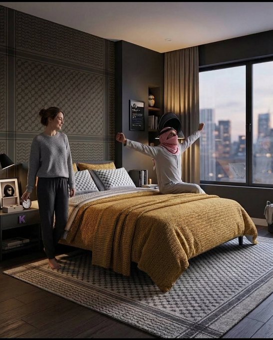 A promotional image showing a woman standing in a modern bedroom while another woman wearing a VR headset sits on the bed, suggesting a furniture or interior design brand.