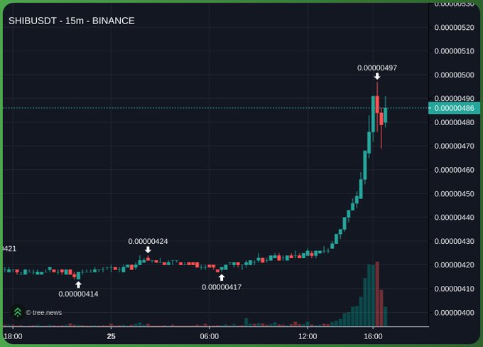 A SHIBUSDT 15-minute Binance candlestick chart shows a flat consolidation between 0.00000414 and 0.00000424 before a sharp parabolic breakout to a high of 0.00000497, illustrating the explosive upward momentum that fuels the "cat coin supercycle." Volume bars spike dramatically alongside the rally, with current price resting near 0.00000486 after a small pullback.