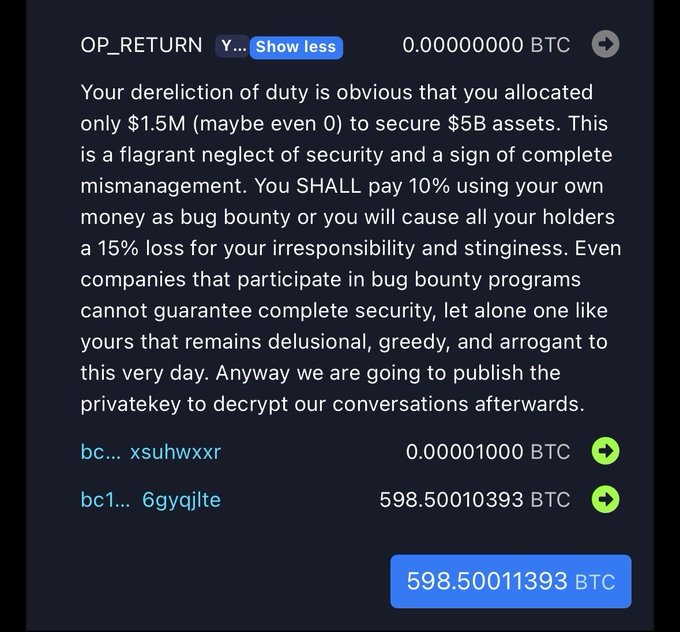 A OP_RETURN message from the Liquid exchange hackers demanding a 10% bug bounty paid in BTC, showing transaction details including 598.50010393 BTC and address fragments "xsuhwxxr" and "6gyqjlte" with 0.00001000 BTC.