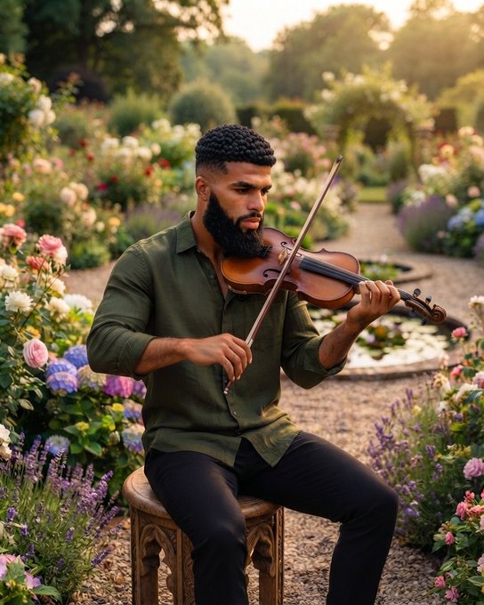 A bearded man in a green shirt sits on a stool in a lush garden, playing the violin surrounded by colorful flowers.