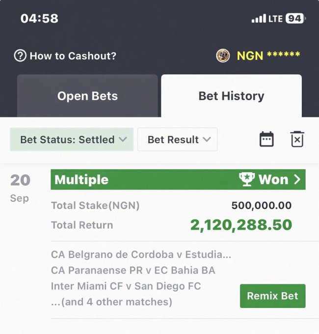 A mobile screenshot displays a winning Bet History entry showing a NGN 500,000 stake on a Multiple bet that returned NGN 2,120,288.50, featuring matches including CA Belgrano de Cordoba v Estudian, CA Paranaense PR v EC Bahia BA, and Inter Miami CF v San Diego FC—perfectly illustrating the poster's boast of "2M bagged."