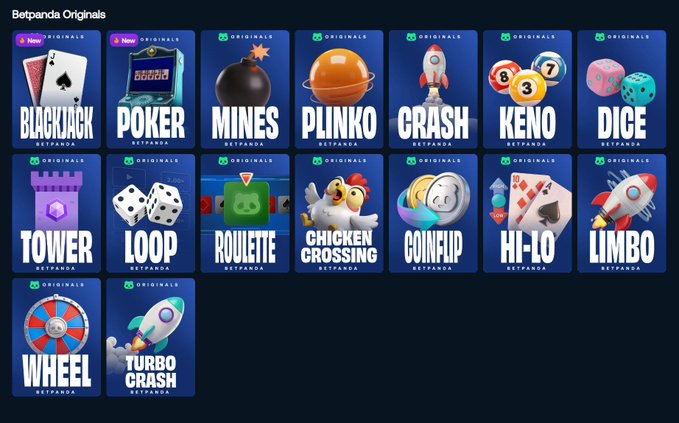 A grid display of 'Betpanda Originals' casino games including Blackjack, Poker, Mines, Plinko, Crash, Keno, Dice, Tower, Loop, Roulette, Chicken Crossing, Coinflip, Hi-Lo, Limbo, Wheel, and Turbo Crash.