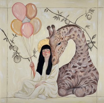 A whimsical illustration of a serene dark-haired figure in white robes holding colorful balloons, sitting peacefully next to a large giraffe.