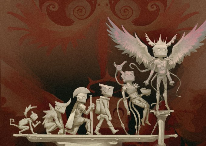 A grayscale clay-like 3D rendering depicts a progression of figures evolving from a small creature to a winged, crowned being, reminiscent of a 'march of progress' parody.