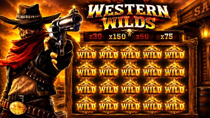 A masked gunslinger in a cowboy hat and red scarf points a revolver in front of a slot machine filled with "WILD" symbols under the "Western Wilds" banner, with multipliers x30, x150, x50, and x75 displayed. The graphic promotes a Stake giveaway, tying the Western-themed slot visuals to an entry incentive requiring viewers to retweet, follow @godimsoaked on Kick, and engage with the linked YouTube video.