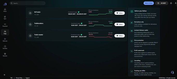 A dark-themed copy trading platform interface displaying accounts like 'MrTrader' and 'Trademakers' with performance metrics, featuring a sidebar with copy trading options.