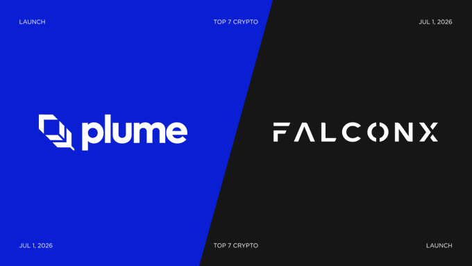 The image features a split blue and black graphic displaying the "plume" logo on the blue side and the "FALCONX" logo on the black side, with "LAUNCH," "TOP 7 CRYPTO," and "JUL 1, 2026" labeling each section. This visually represents the partnership announcement between Plume and FalconX for their FALX tokenized structured credit facility launching July 1, 2026.