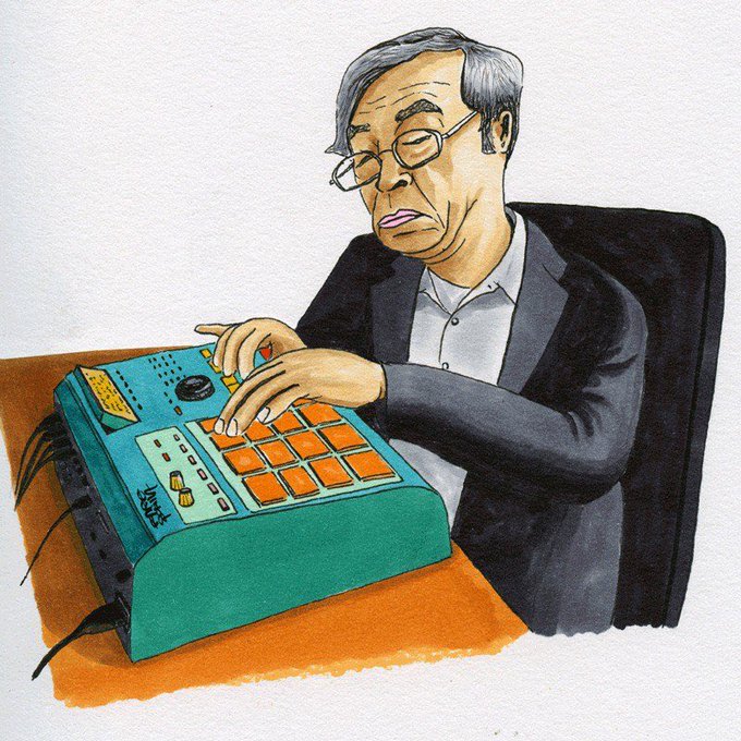 A stylized illustration of a tired-looking man with glasses in a black suit, sitting at a desk and operating a teal and orange electronic device resembling a beat machine or synthesizer.