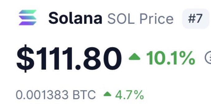 A price widget displays Solana (SOL) trading at $111.80, up 10.1%, and 0.001383 BTC, up 4.7%, ranking #7. The image aligns with the "SOLANA DADDY" caption by showcasing Solana's strong upward price performance.