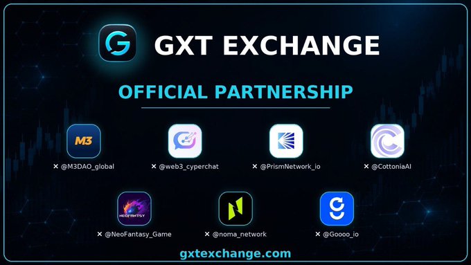 A promotional graphic for GXT Exchange (gxtexchange.com) highlights its official partnerships with X accounts @M3DAO_global, @web3_cyperchat, @PrismNetwork_io, @CottoniAI, @NeoFantasy_Game, @noma_network, and @Goooo_io, relating to the post by showcasing the project's partner network ahead of its launch and ongoing presale.