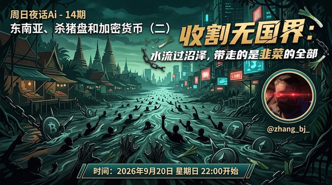 A Chinese promotional graphic for a crypto talk show titled '周日夜话Ai - 14期: 东南亚、杀猪盘和加密货币（二）', featuring dark atmospheric artwork and the handle '@zhang_bj_'.
