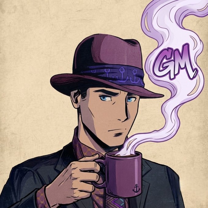 An anime-style illustration shows a sharply dressed man in a purple fedora and suit holding a matching purple mug, from which steam rises forming the letters "GM." The image visually reinforces the "GM frens, have a happy weekend" message, with the steam-art lettering serving as a stylish, on-brand graphic for the friendly weekend greeting.